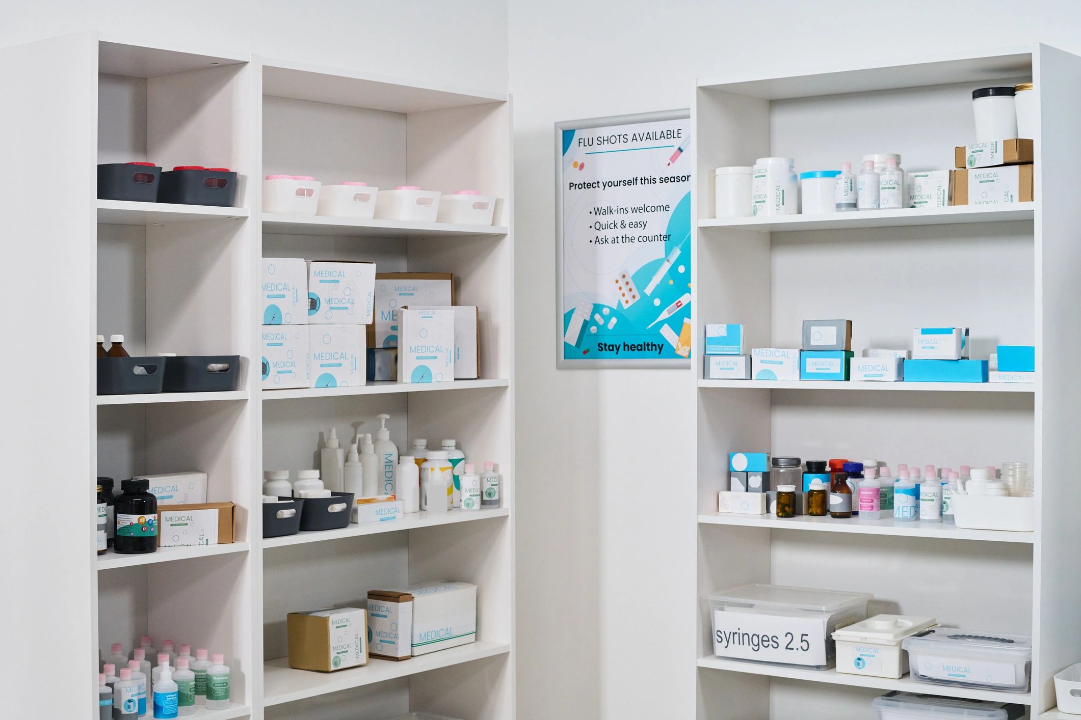 Medical supply shelves representing healthcare infrastructure and inventory systems